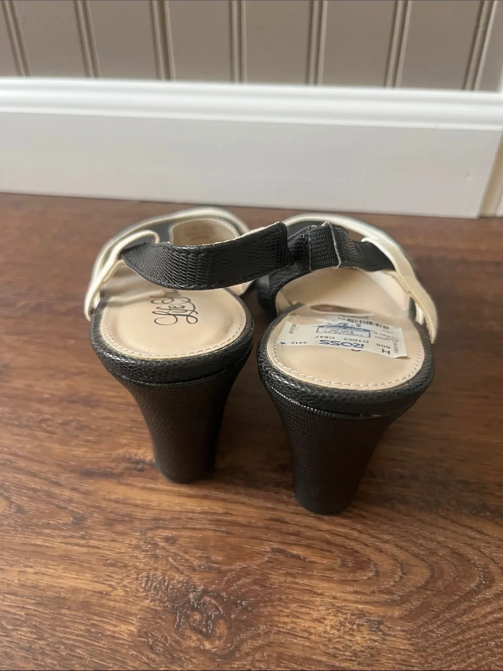 Life Stride Black & Cream Wedge Slingback Heels